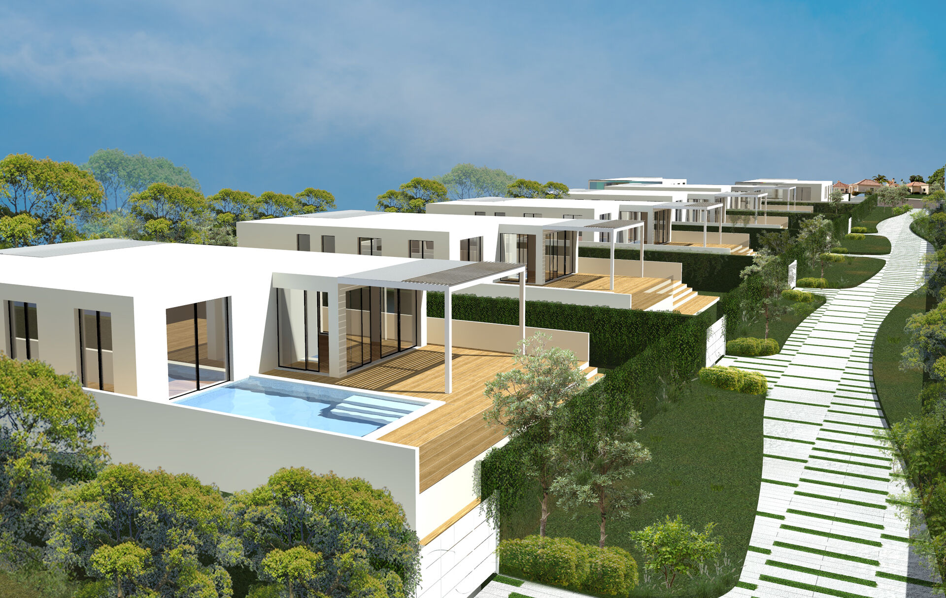 Vista prospettica delle ville con piscina e camminamento nel verde